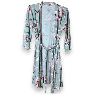 Marilyn Monroe Women's Floral Robe Gray Pink Long Sleeve Belted Lounge Wrap L